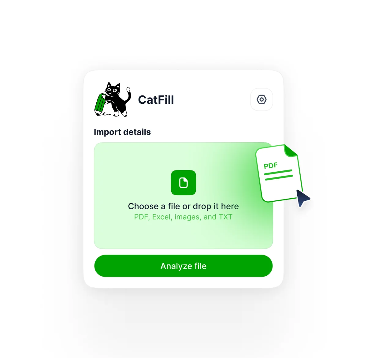 Catfill import interface for reading personal details from PDF, Excel, images, or text files