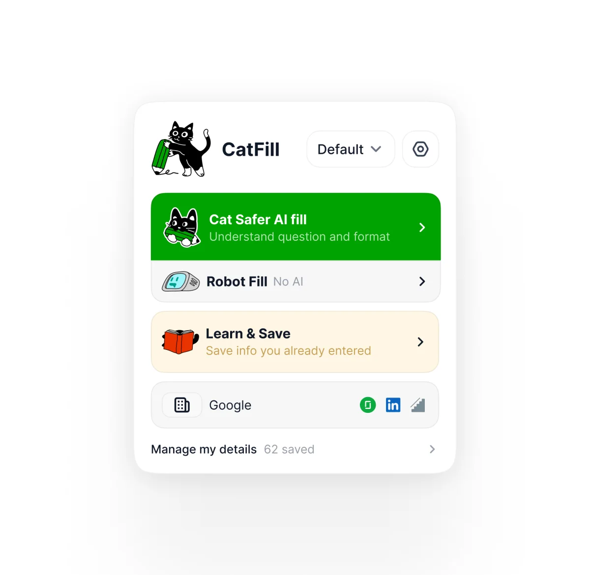 Catfill extension interface with AI fill, non-AI fill, and learn-and-save options