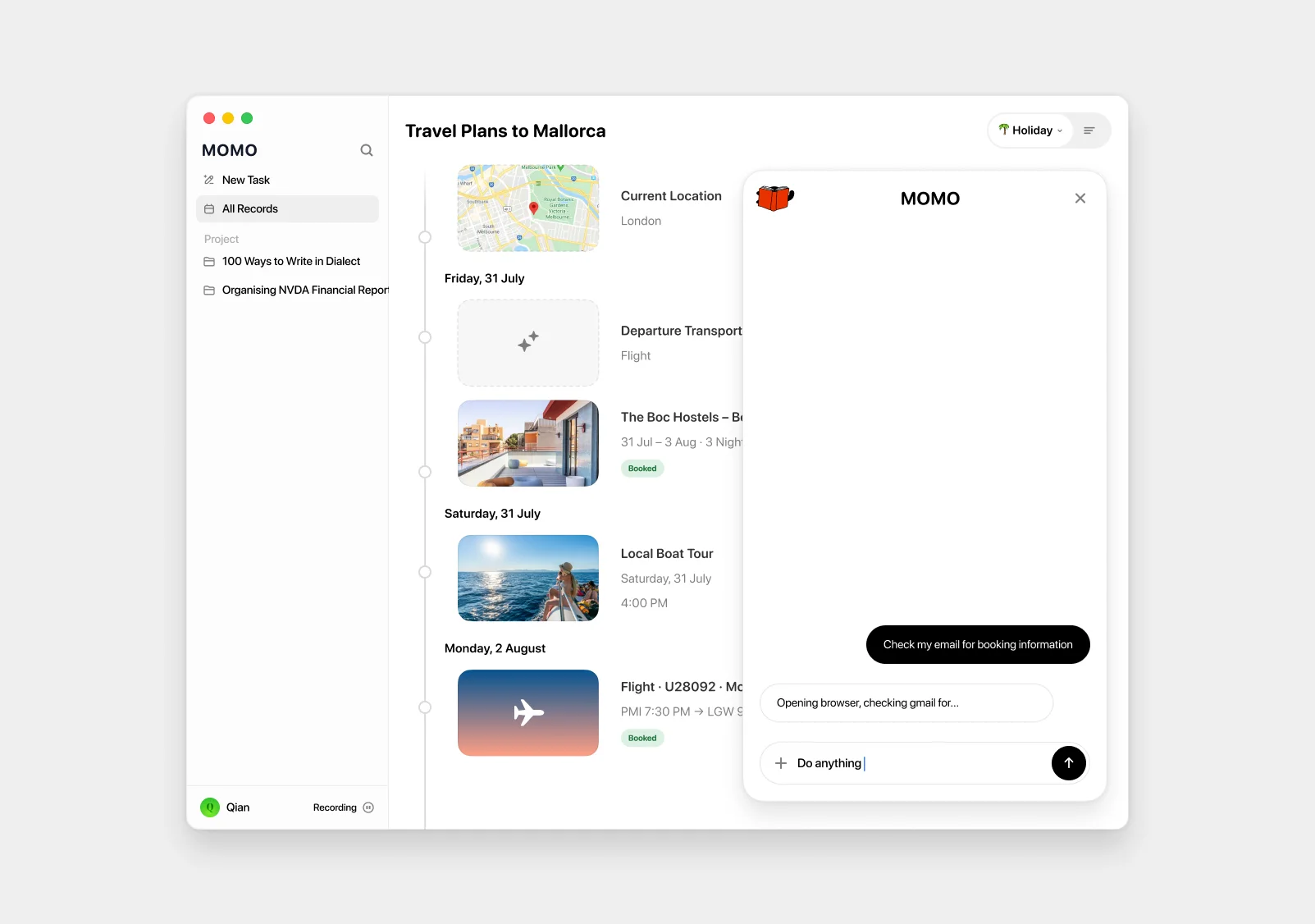 MOMO travel timeline showing a Mallorca itinerary and an AI assistant that can check booking emails