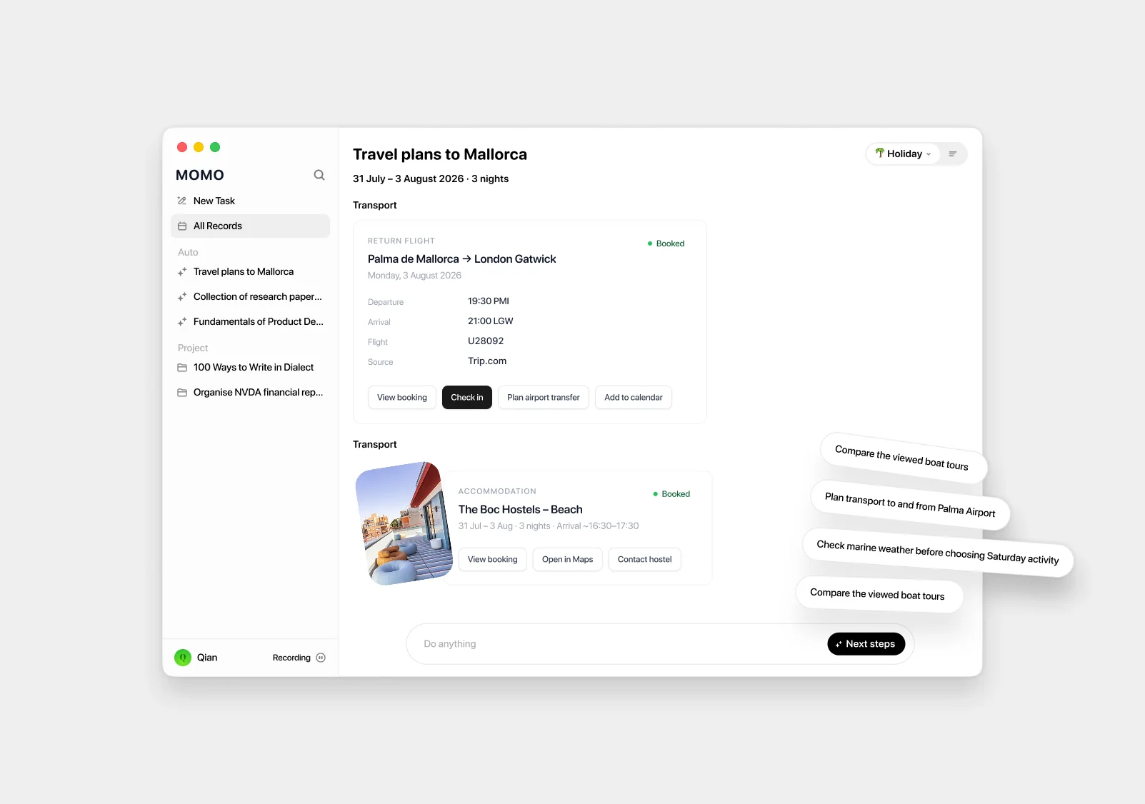 MOMO travel report showing Mallorca flights, accommodation, and next-step suggestions