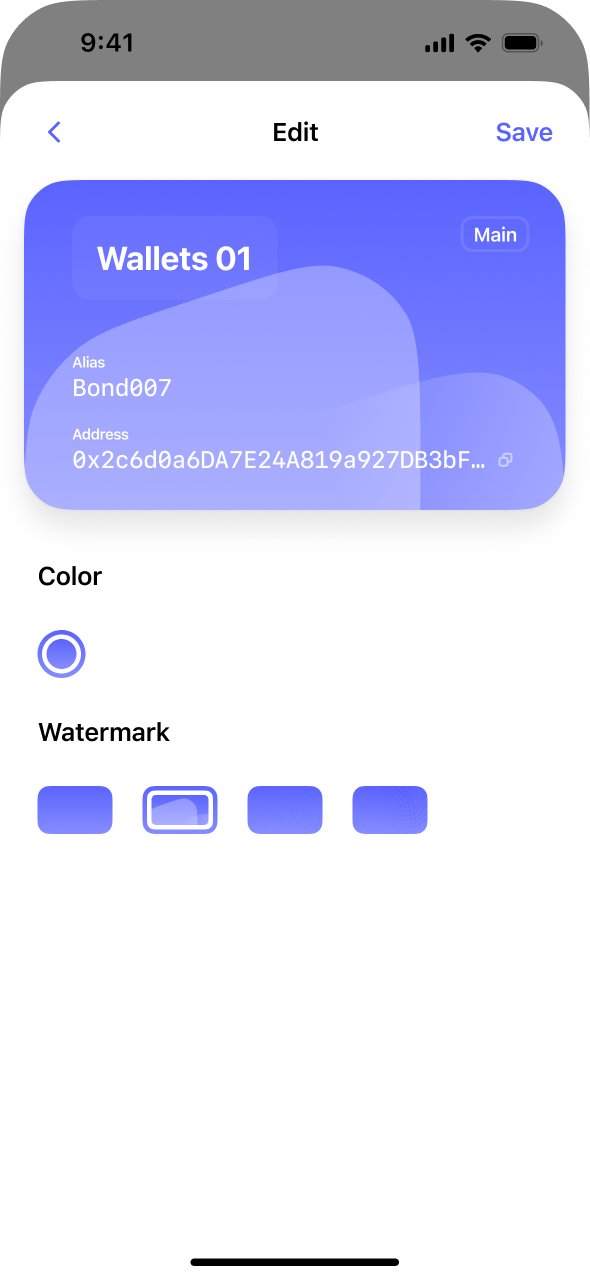 Best Wallet edit wallet screen with color and watermark controls.