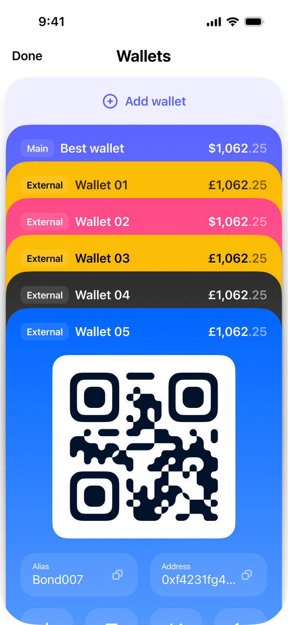 Best Wallet wallet list screen with stacked colored wallet cards and QR code.