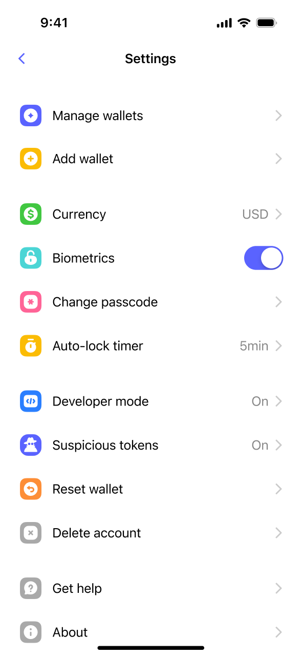 Best Wallet settings screen with account, security, and developer mode options.
