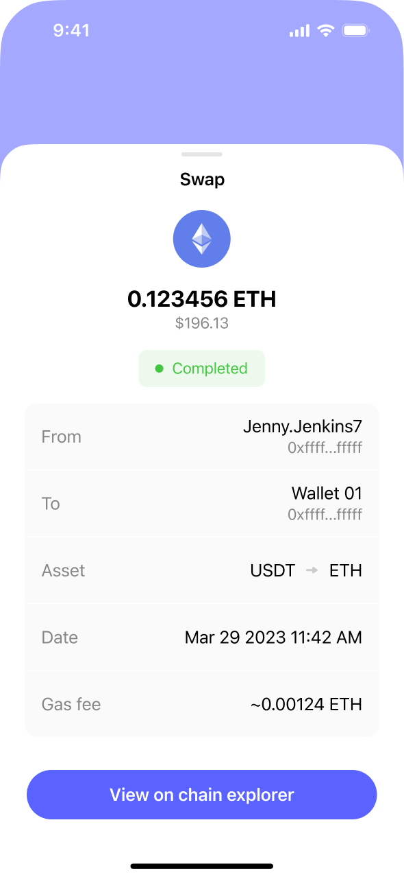 Best Wallet completed swap detail screen.