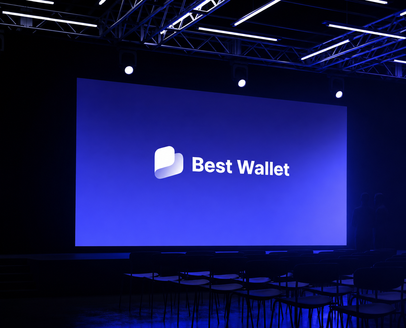 Best Wallet logo displayed on a large screen at the launch event
