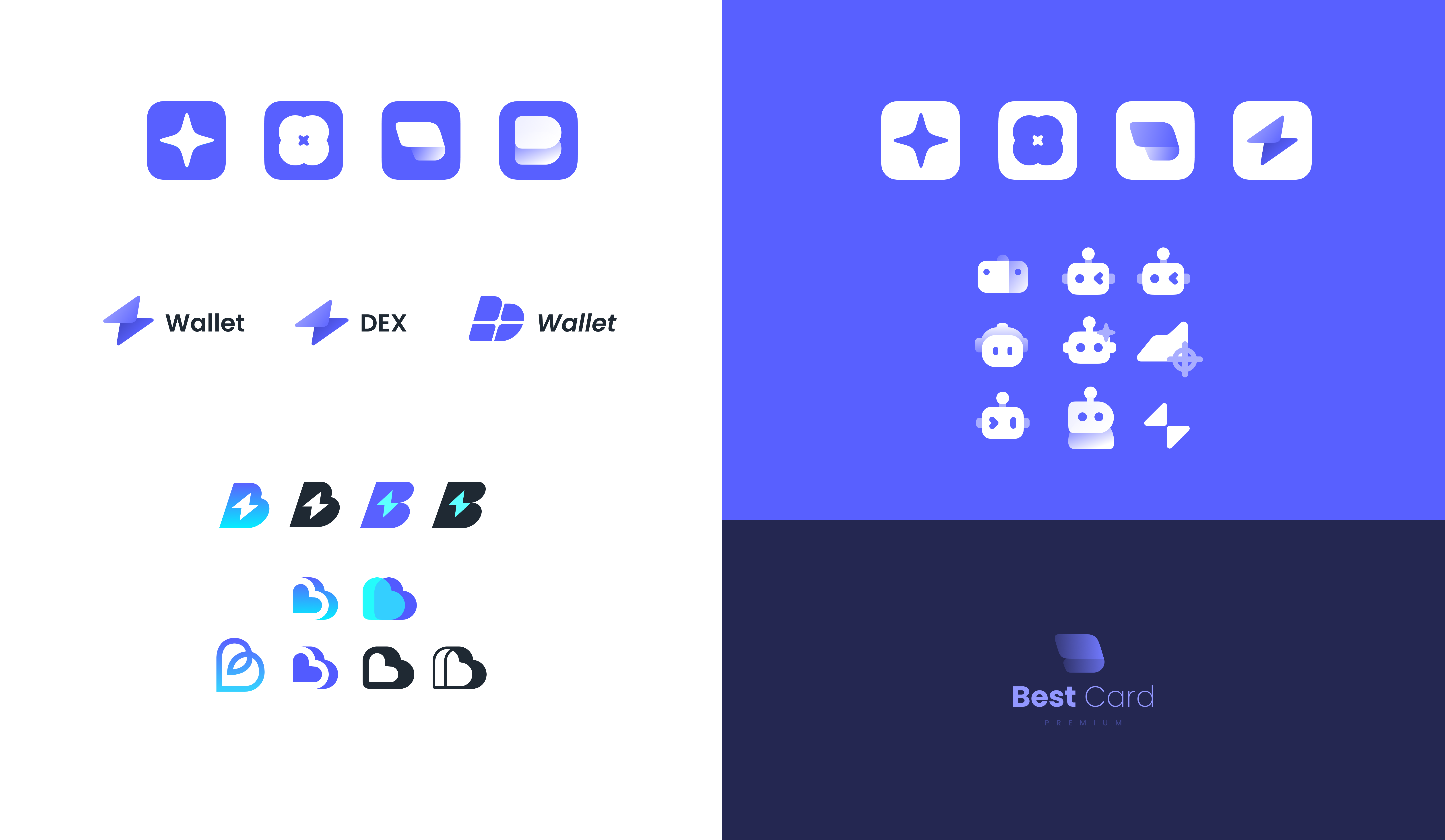 Early explorations of the Best Wallet mark, wordmark and brand characters