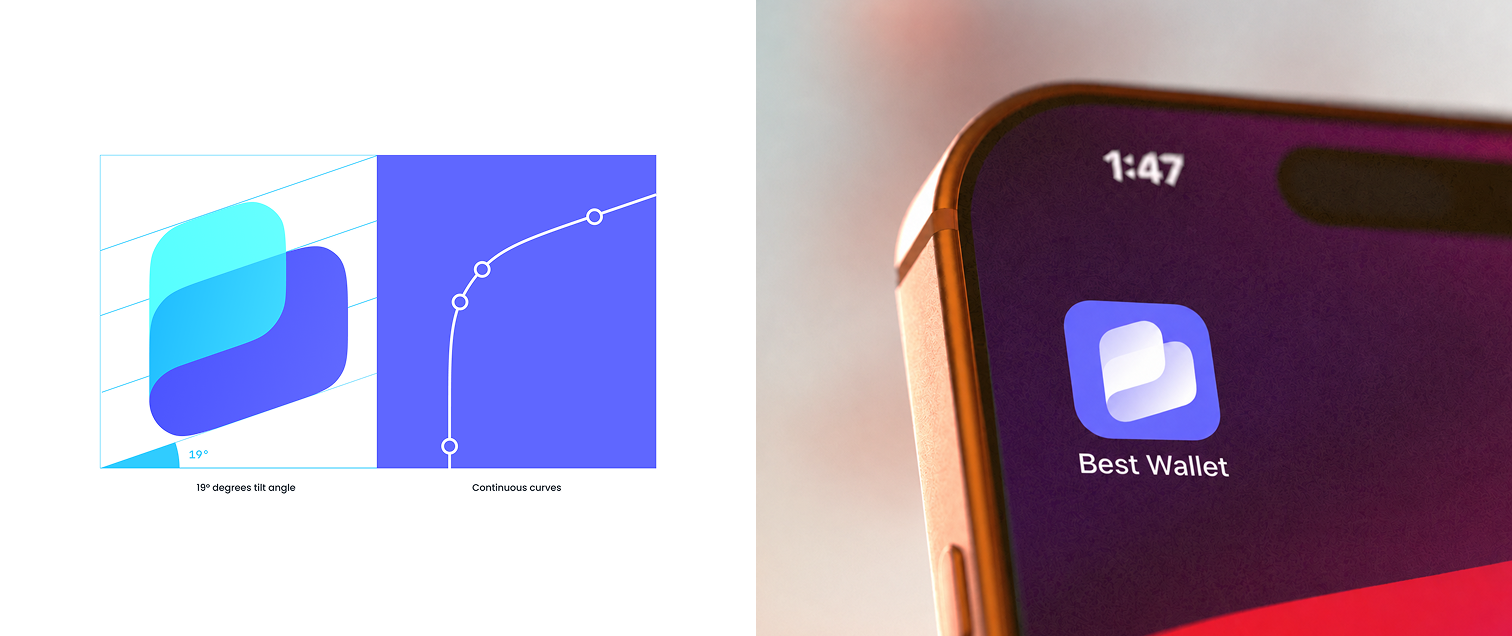 Best Wallet logo geometry and its application on a mobile home screen