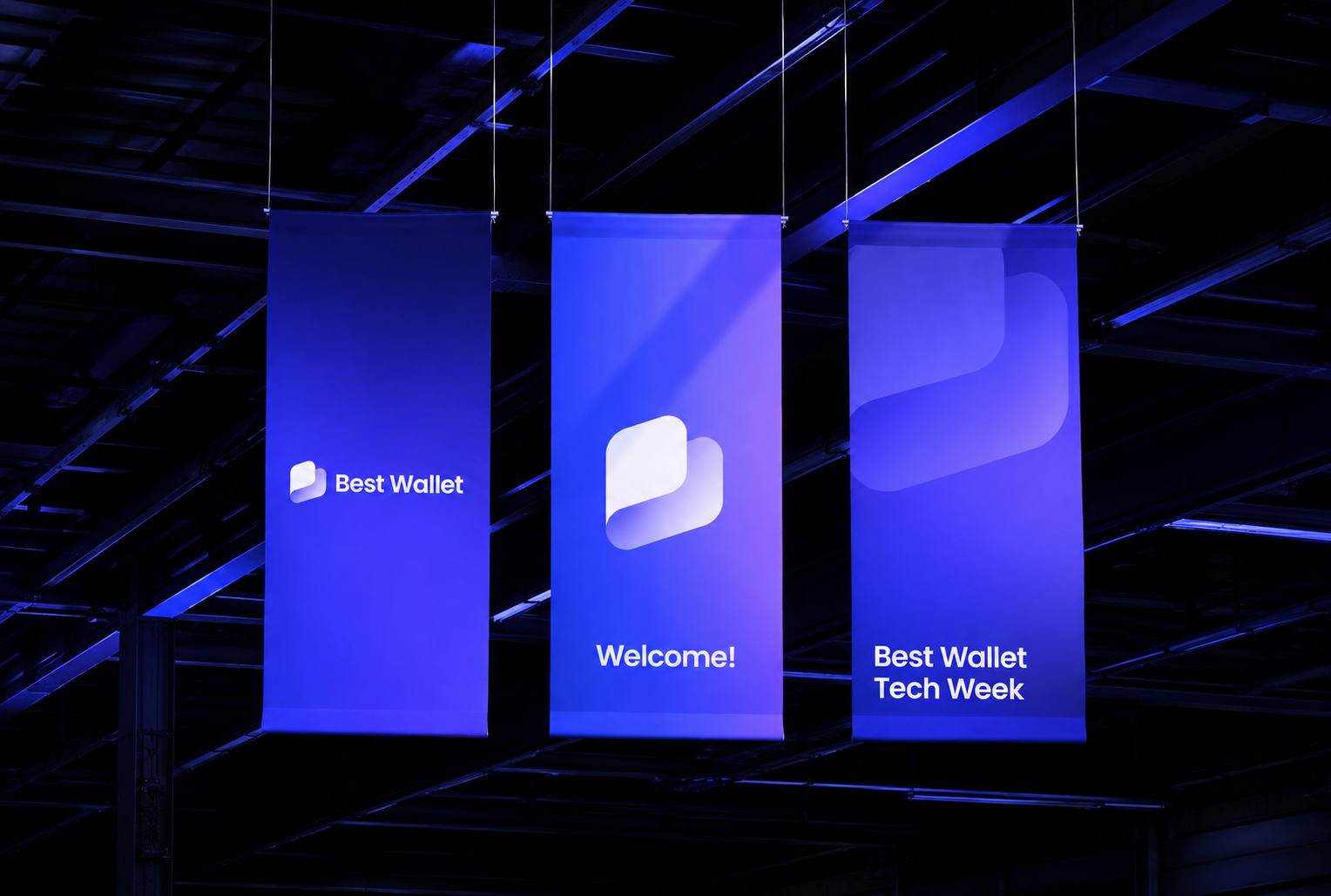Best Wallet flags suspended above the Tech Week launch venue