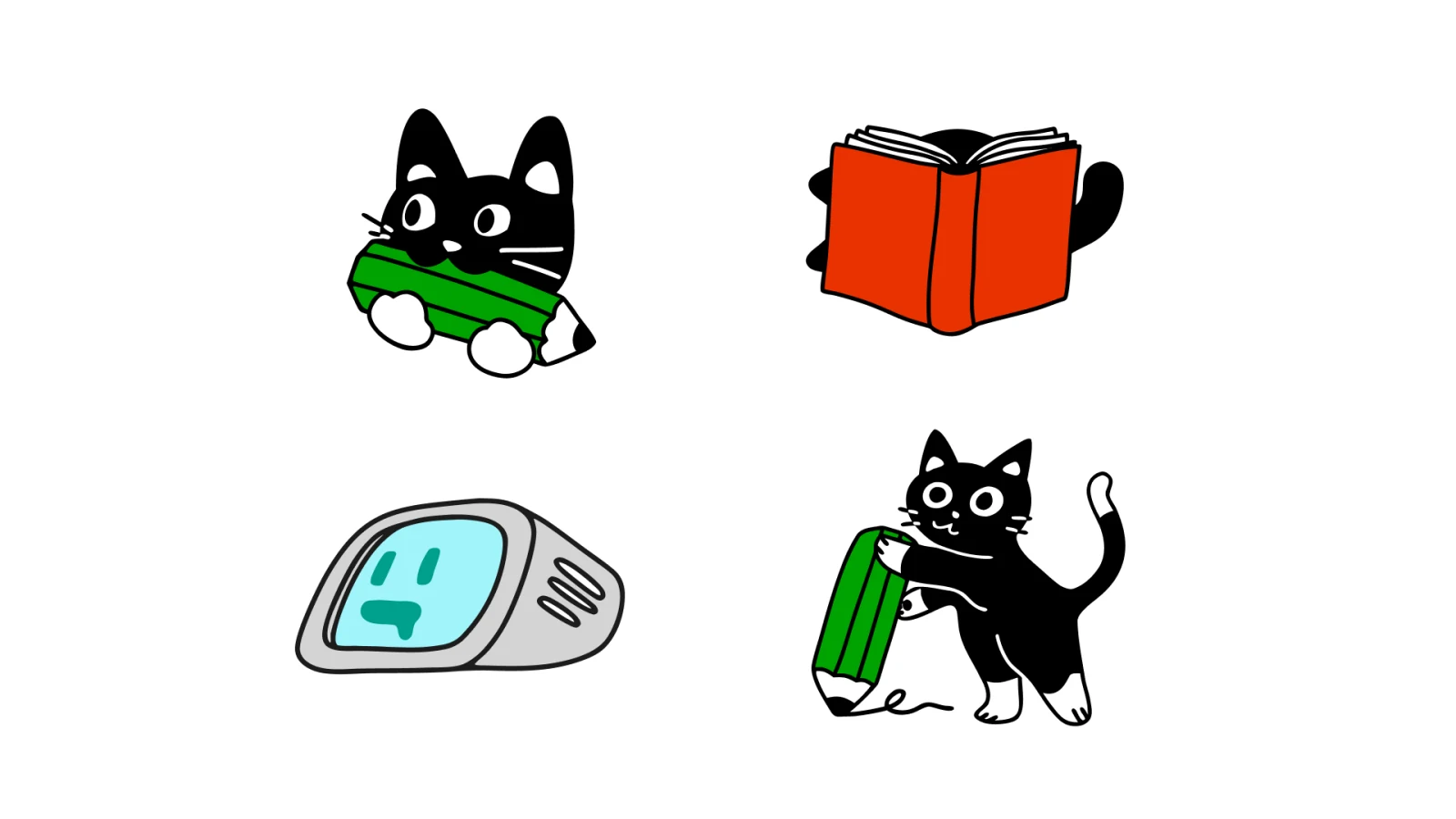 Four hand-drawn Catfill characters: two cats, a book, and a small device