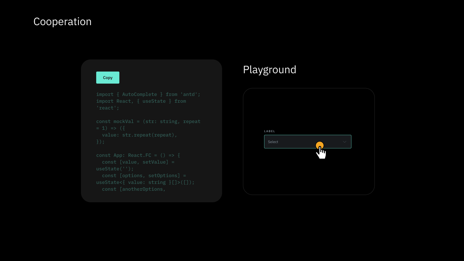 Copper design system cooperation between code references and component playgrounds