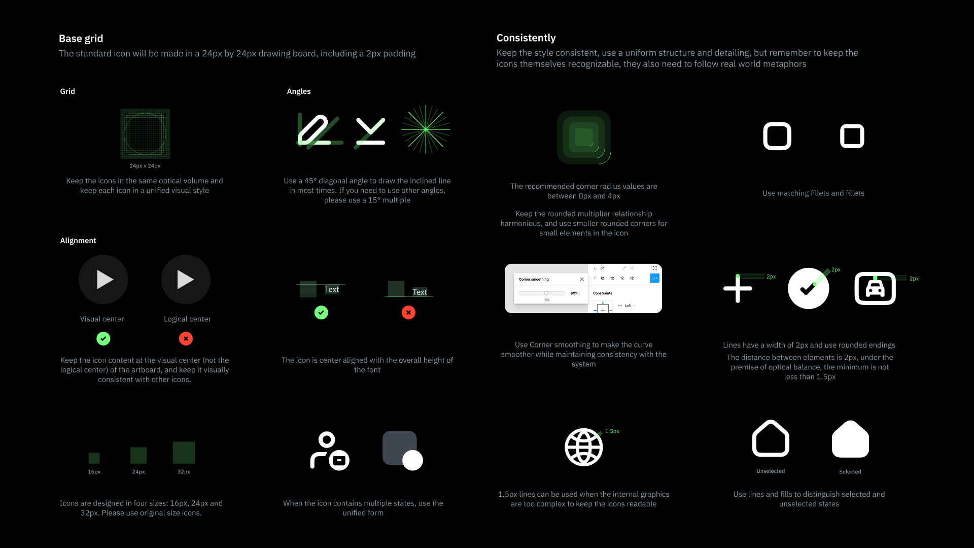 Copper icon guideline covering grid, alignment, consistency, and icon states