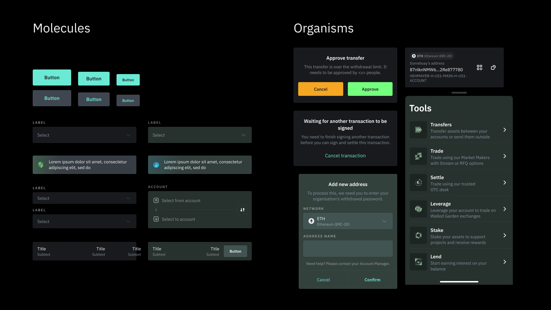 Copper design system molecules and organisms for reusable interface patterns