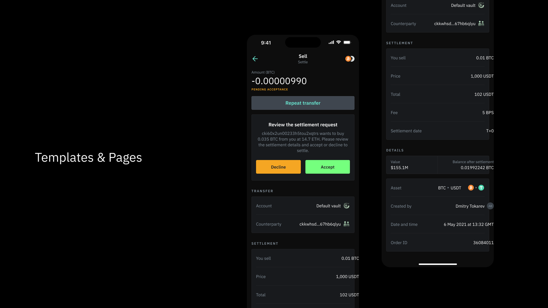 Copper design system templates and pages applied to mobile settlement flows