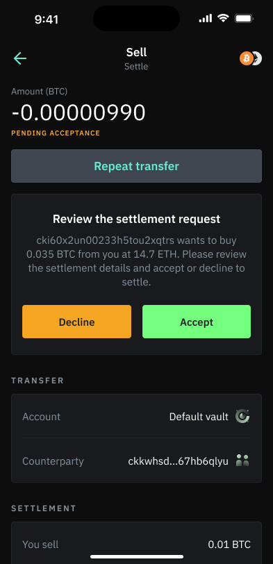 Copper iOS app sell settlement request screen