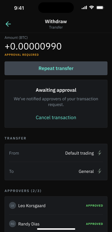 Copper iOS app withdraw approval screen