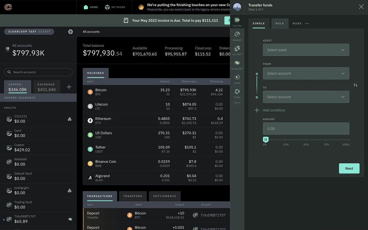 Copper platform showing portfolio data alongside a transfer transaction panel